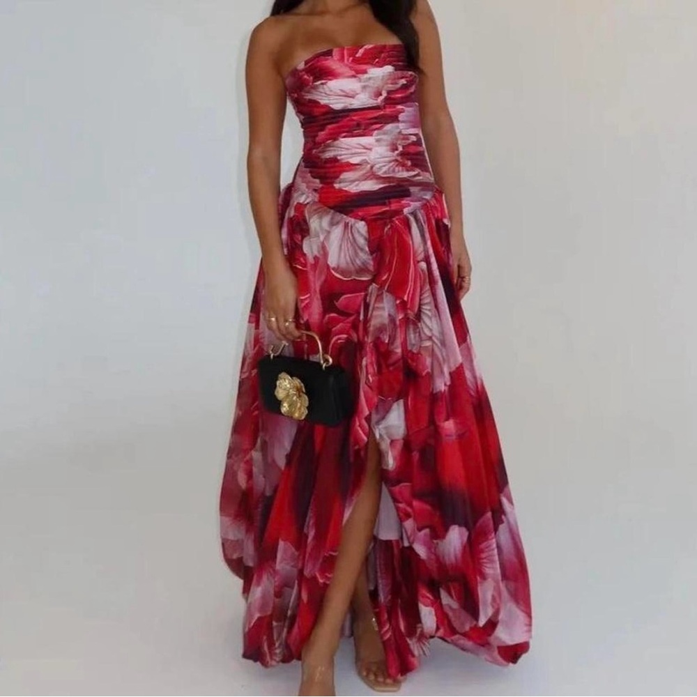 Aje Red and White Strapless Floral Dress